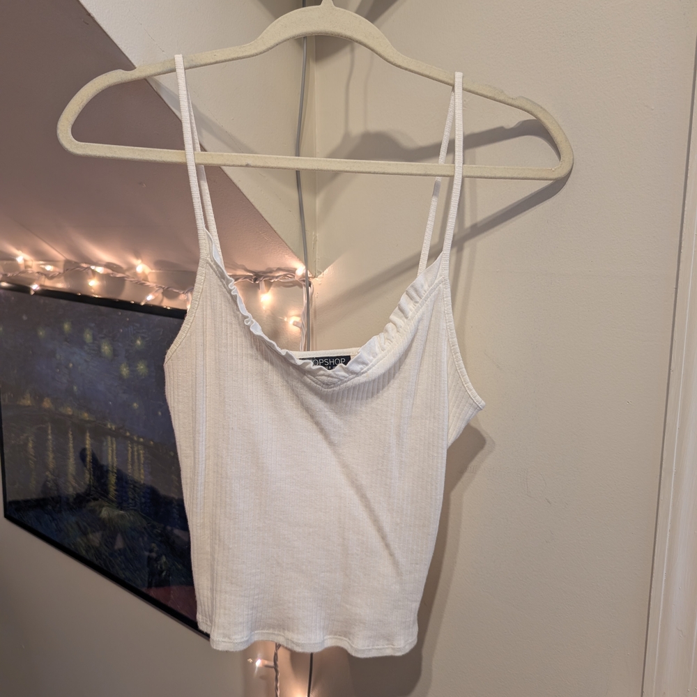 Topshop White Ruffle Ribbed Tank Top